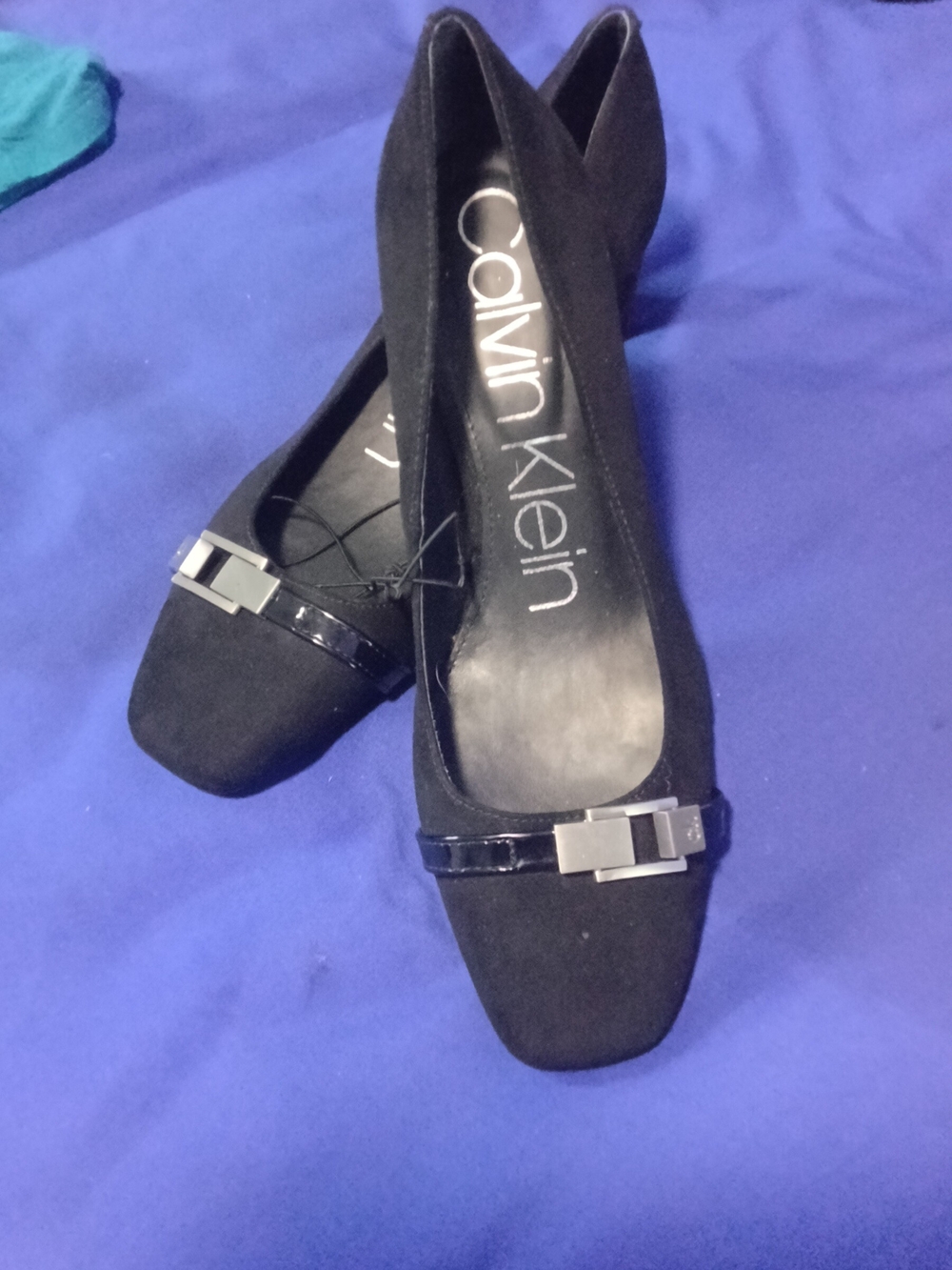 NWT Calvin Klein Avita2-R Black Suede Square Toe Buckle Pumps Heels Size 8